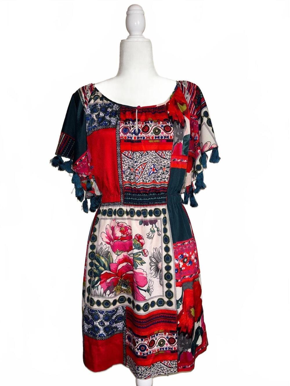Anthropologie Vanessa Virginia Persian Rose Patchwork Dress teal tassel sleeves